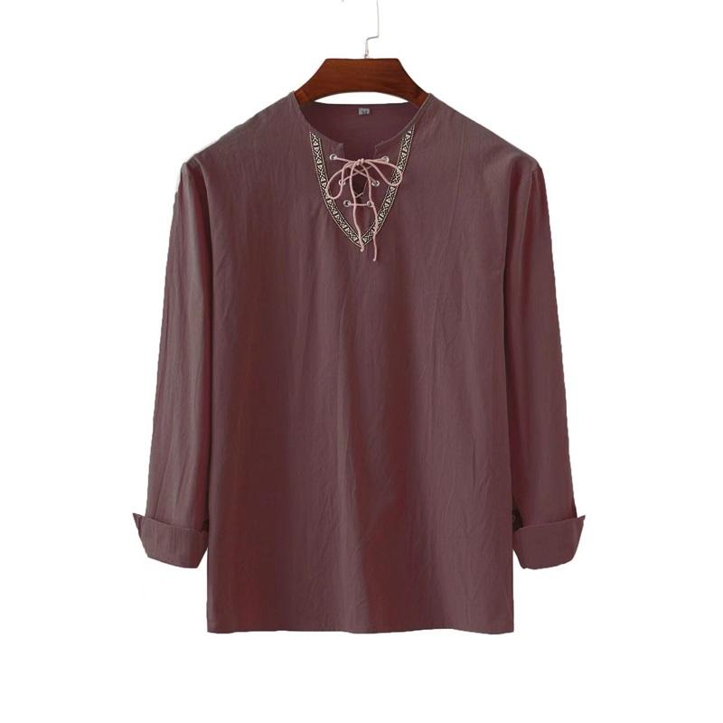 

Loose Fit Solid Color Drawstring Long Sleeve Shirt Men Casual Cotton Linen Mandarin Collar Men s Shirts XXXL