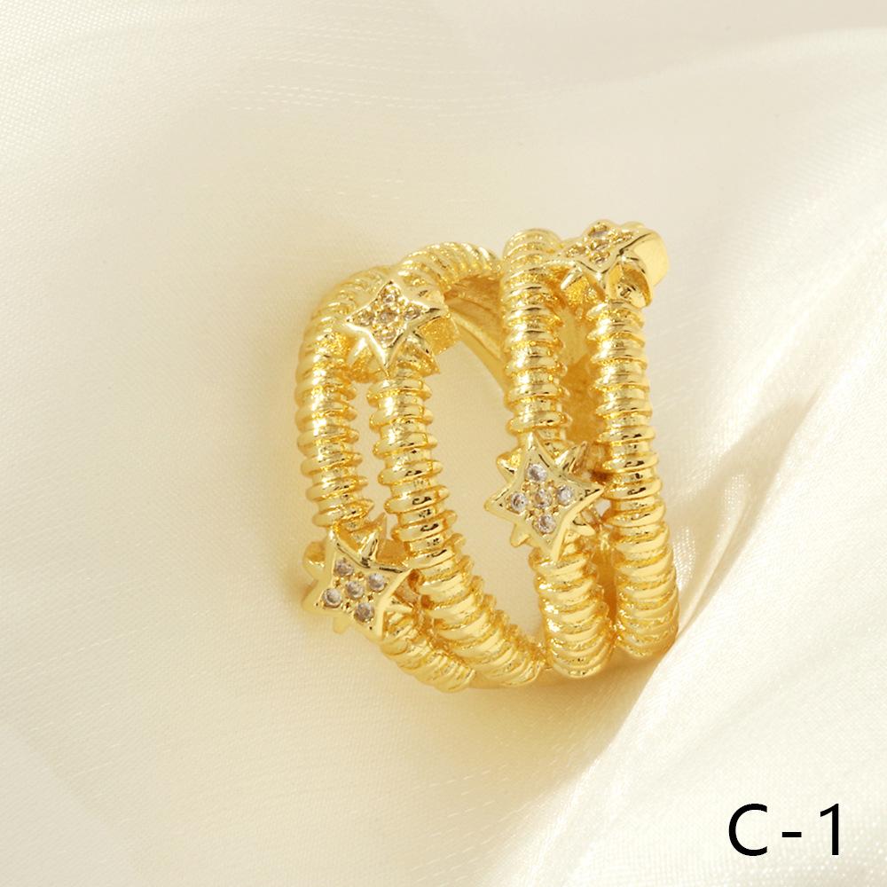18K Gold-Plated Zircon Crossover Wide Band Ring for Women - Elegant European & American Design with Adjustable Open Finger Style.
