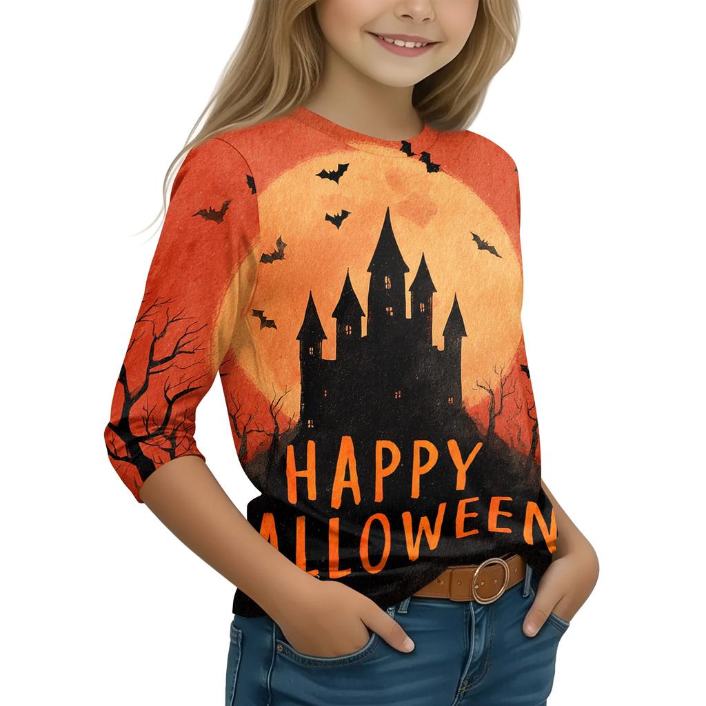 Kids Casual Long Sleeve T-Shirt with Halloween Print Round Neck for Party Costume
