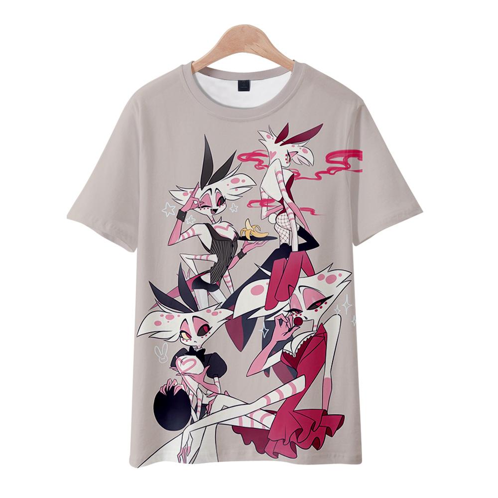 Hazbin Hotel Anime Damen Herren T-Shirts Grafikshirt Cartoon bedruckt O-Ausschnitt Übergroße kurze Ärmel Mode Herrenbekleidung Streetwear