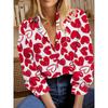 Fashion Women's Red and White Heart Print Lapel Shirt, Loose Long Sleeve Sweet Design Daily Commute Top