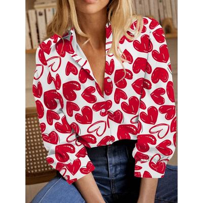 Fashion Women's Red and White Heart Print Lapel Shirt, Loose Long Sleeve Sweet Design Daily Commute Top