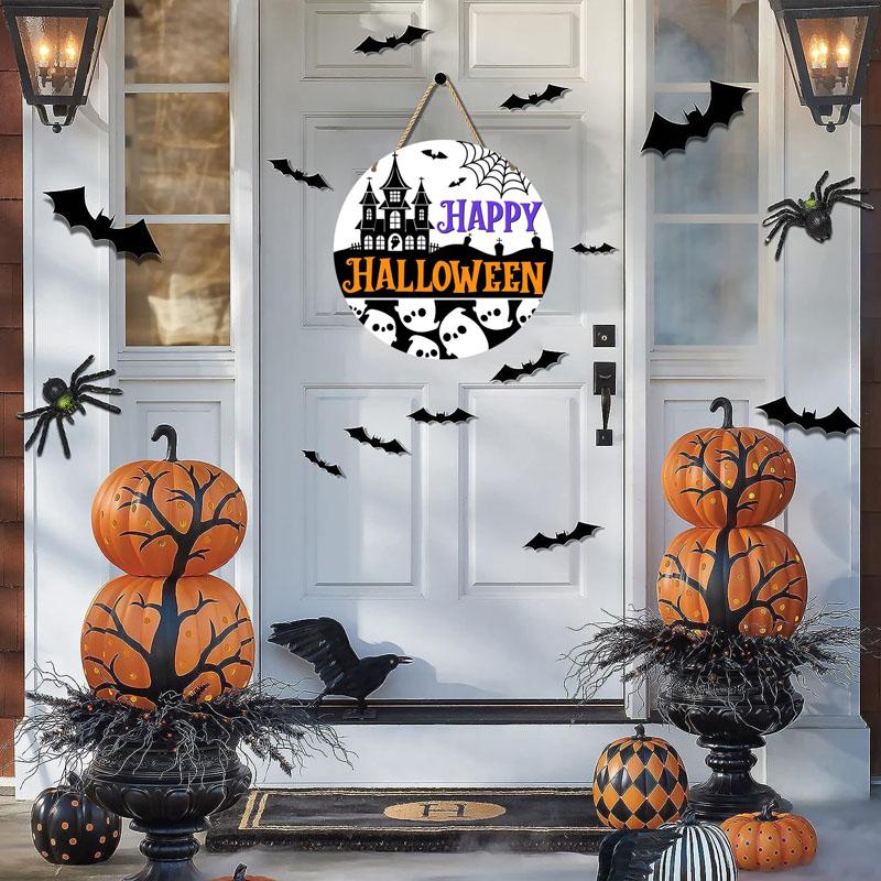 Happy Halloween Wooden Signs Plaque for Front Door Halloween Ghost Door Decor