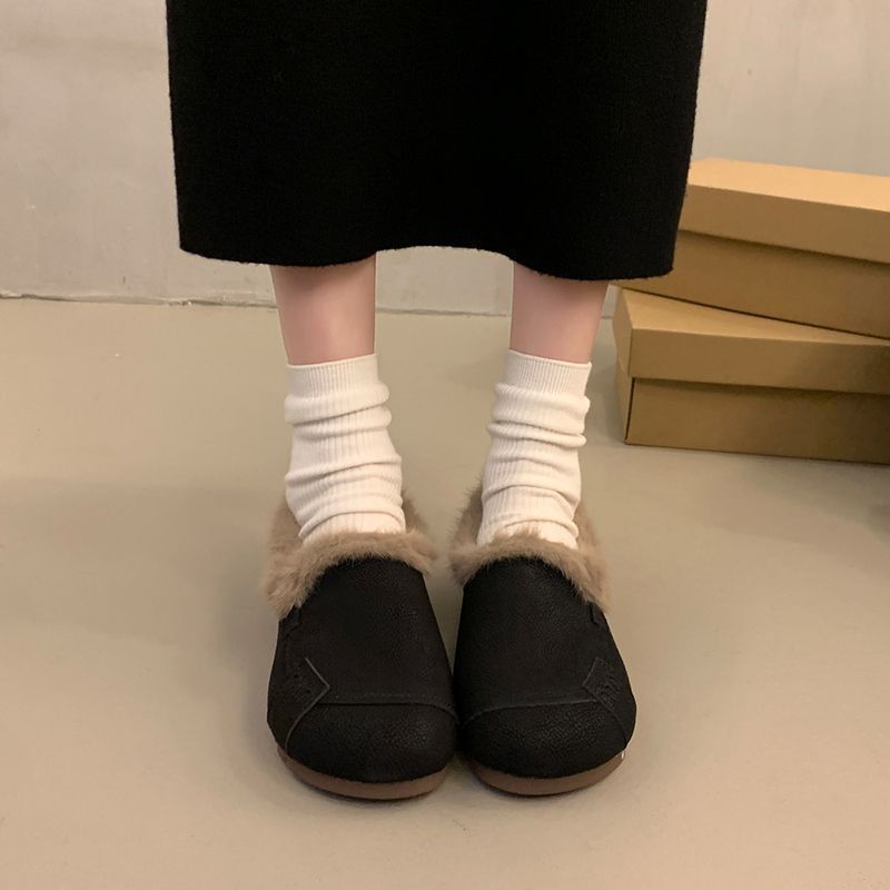 Cotton Shoes Women's Winter Wear 2025 New Winter One-pedal Fluffy Single Shoes with Velvet Flat Bottom Ugly Cute Doudou Shoes
