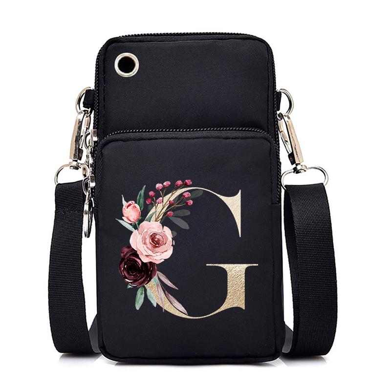 Gold Color Letters A B C D Mini Mobile Phone Bag Pink Flower Alphabet Vertical Handbag 26 Initials Flower Woman Purse Handbags