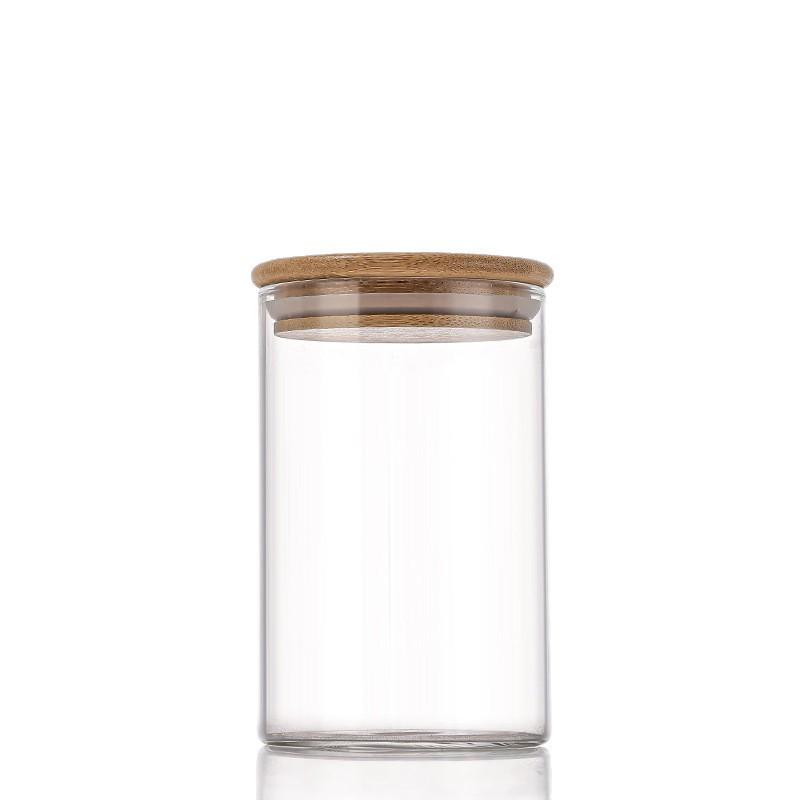80mm High Borosilicate Glass Storage Jar with Wood Stopper & Bamboo Lid - Straight Neck, Multiple Sizes
