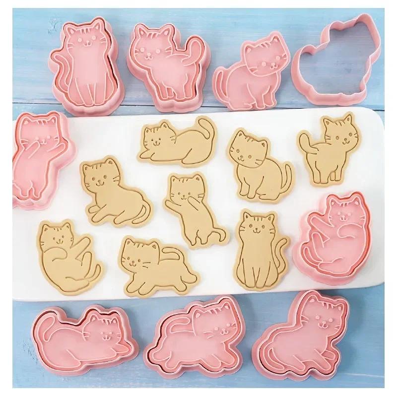 8Pcs Cat Cookie Mold Set Cartoon Cat Shape Cookie Stamp Fondant Cake Decoration Tools 3D Hand Pressure Plastic Biscuit Mold