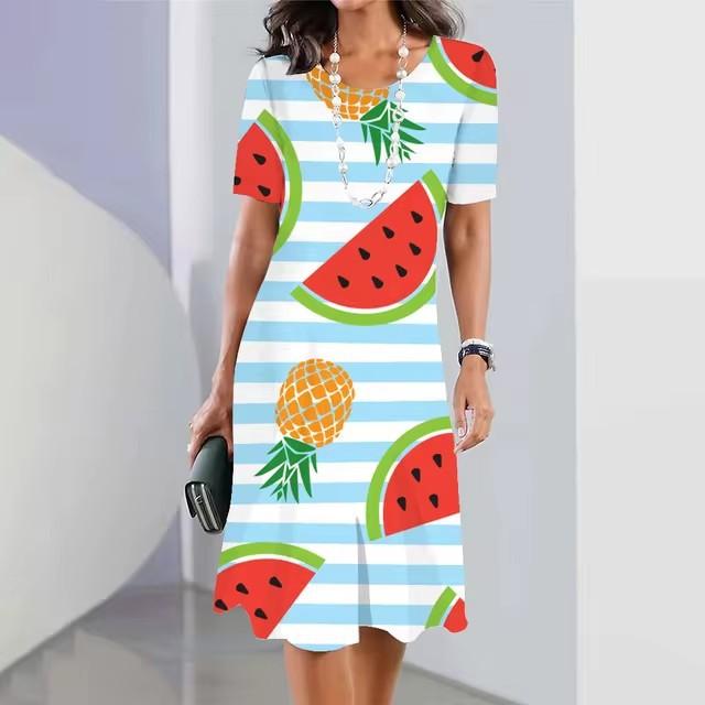Elegantes Damen-Sommerkleid mit 3D-Geometrie-Streifenmuster, kurzärmelig