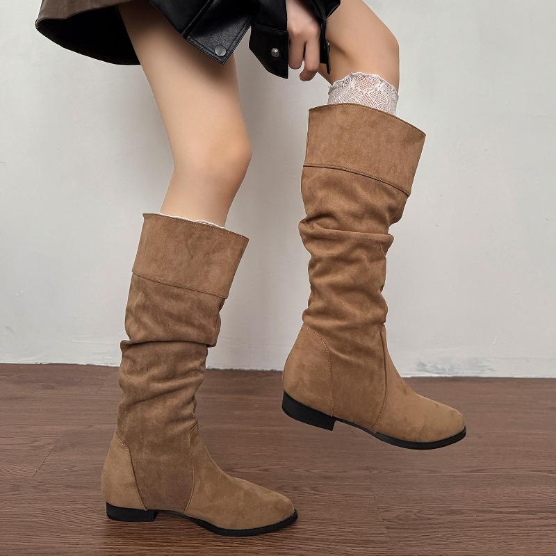 Vintage Pleated Women Knee High Boots Fashion Low Heels Pointed Toe Shoes Autumn Winter Slip On Modern Long Botas Para Mujer