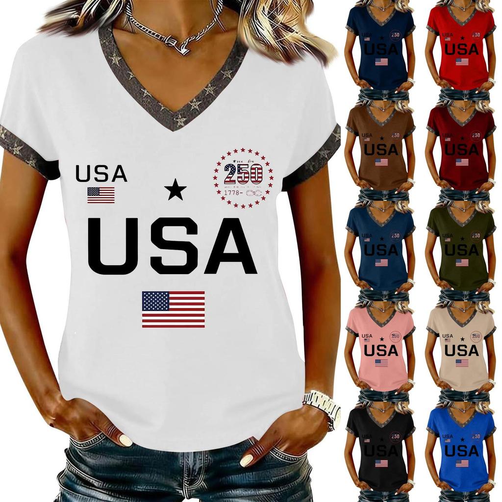 Damen Lässiger V-Ausschnitt Kurzarm Pullover Bedrucktes T-Shirt Top