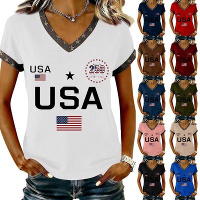 Women's Casual V Neck Short Sleeve Pullover Printed T-Shirt Top