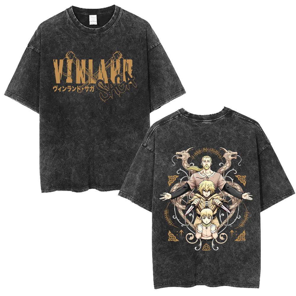 Anime Vinland Saga Thorfinn Washed Vintage T Shirt Men Women Manga Casual Oversized T-shirts Male Retro Cotton Short Sleeve Tees