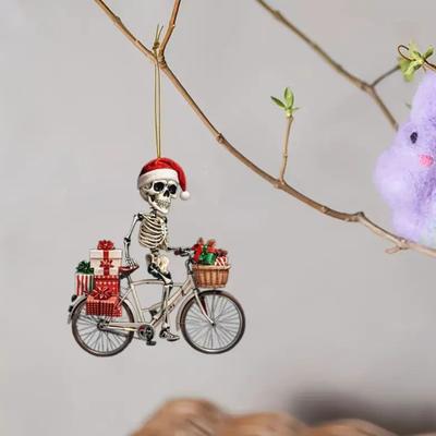 Christmas Skull Ornament Santa Hat Skeleton Riding Bicycle Acrylic Pendant Xmas Tree Hanging Decoration for Indoor/Outdoor Decor