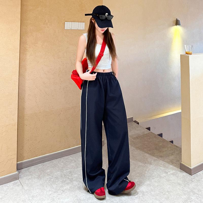 

Quick-drying overalls women s summer thin loose wide-leg sports trousers straight casual trousers M темно-синий