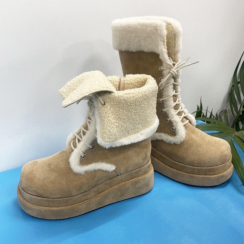 Hairy snow boots women's winter thick-soled velvet knight boots warm medium tube straps two-wear cotton boots piled and thickened