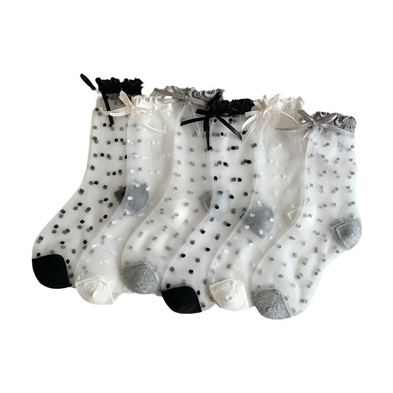 Polka Dot Bow Lace Socks, Thin Transparent Glass Fiber Mid-leg Socks for Spring and Summer, Sweet, Breathable and Sweat-absorbing Women's Socks