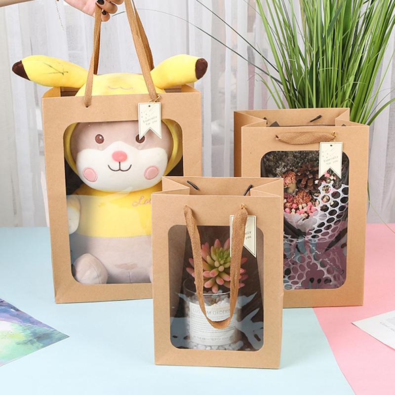 1PC Transparent Window Carrying Bag Clear Gift Bags Tote Paper Bag for Wedding Birthday Gifts Supplies Shopping Bags