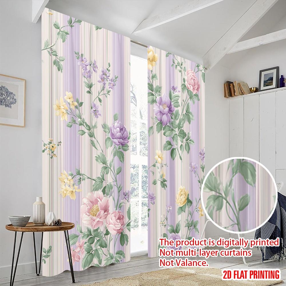 2 Stück, 2D-Flachdruck Vorhang Beliebt Floral Streifen Harmonie Vielseitiger Polyesterstoff (ohne Stange) Festlich Perfekt für