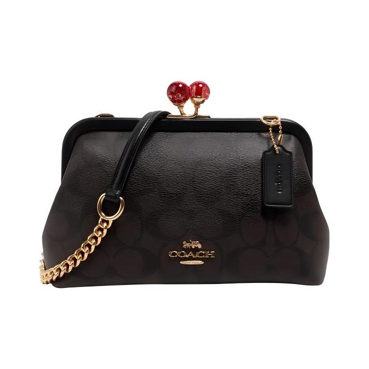 Coach Women's Brown/Black Kisslock Series 22 Logo Charm Detachable Shoulder Strap Coated Canvas And Leather Kiss Lock Handbag Handbag C1452-Imaa8