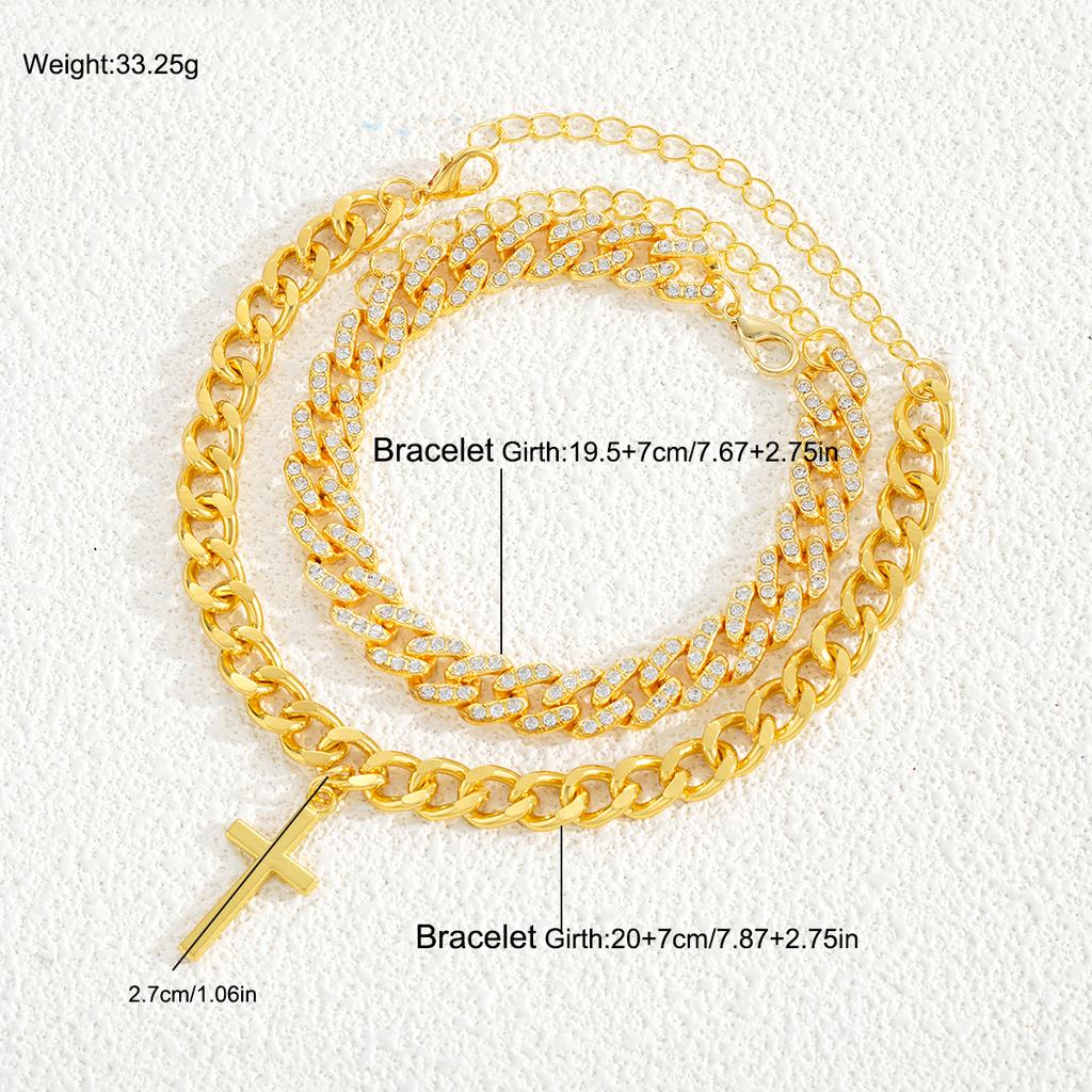 2Pcs/Set Gold Color Crystal Cross Cuban Bracelets for Women Men Punk Chunky Wide Unisex Bracelets Set Hip Hop Daily Wear Jewelry