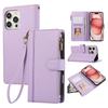 For iPhone 16 Pro Case Multi Card Slots Zipper Leather Phone Cover with Wrist Strap