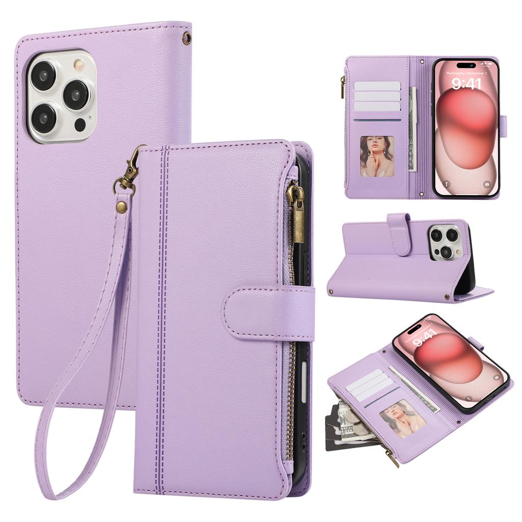 For iPhone 16 Pro Case Multi Card Slots Zipper Leather Phone Cover with Wrist Strap