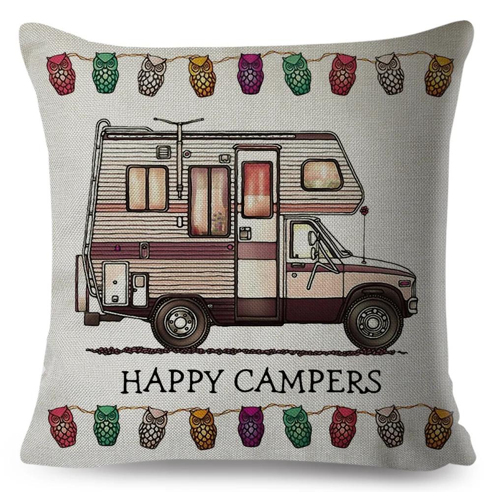 Happy Camper Pillowcase Decor Cartoon Travel Car Printed Pillow Case for Home Sofa Children Room Polyester Cushion Cover 45x45cm
