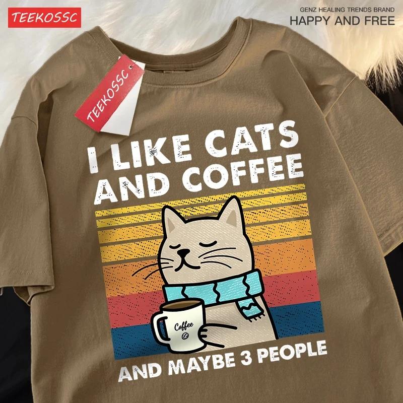 2025 I Like Cats And Coffee Men Women T-Shirt Cotton Tee Clothes Hip Hop Loose Tshirt Fashion Crewneck T-Shirt Streetwear Couple