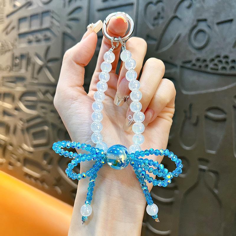 Flash Beaded Mobile Phone Chain Crystal Bow Key Bag Lanyard Pearl Mobile Phone Lanyard Small Gift