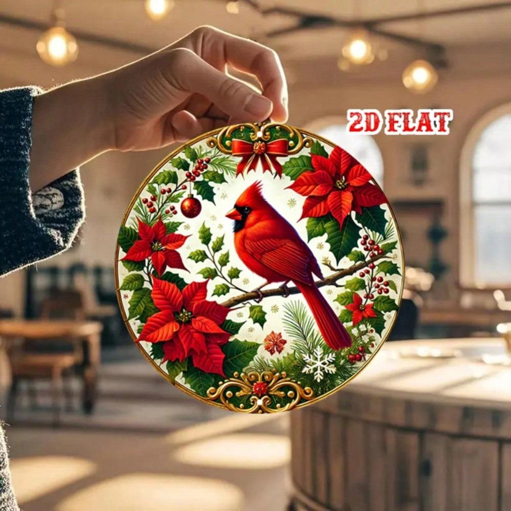 Vintage Red Cardinal Poinsettia Round Metal Tin Sign Christmas Wall Art Home Decor