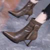 Khaki Pointed High-heeled Short Boots Women's Autumn and Winter 2025 New Design Belt Buckle Splicing Thin Heel Thin Boots