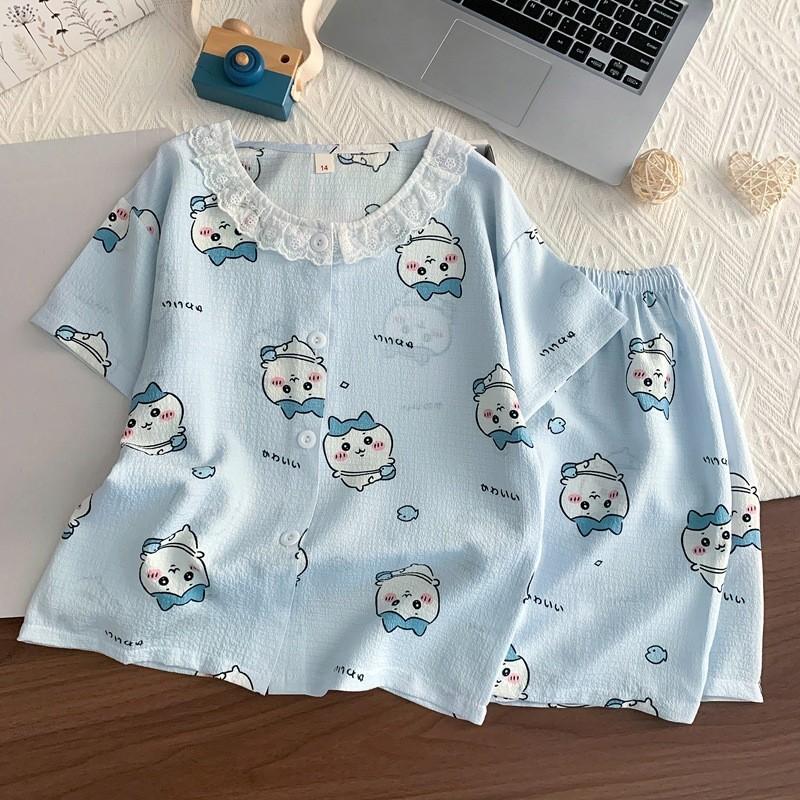 Crayon Shin Chan Hachiware Labubu Kinder-Schlafanzug-Set Aus Blasenbaumwollstoff Für Sommerlichen Komfort
