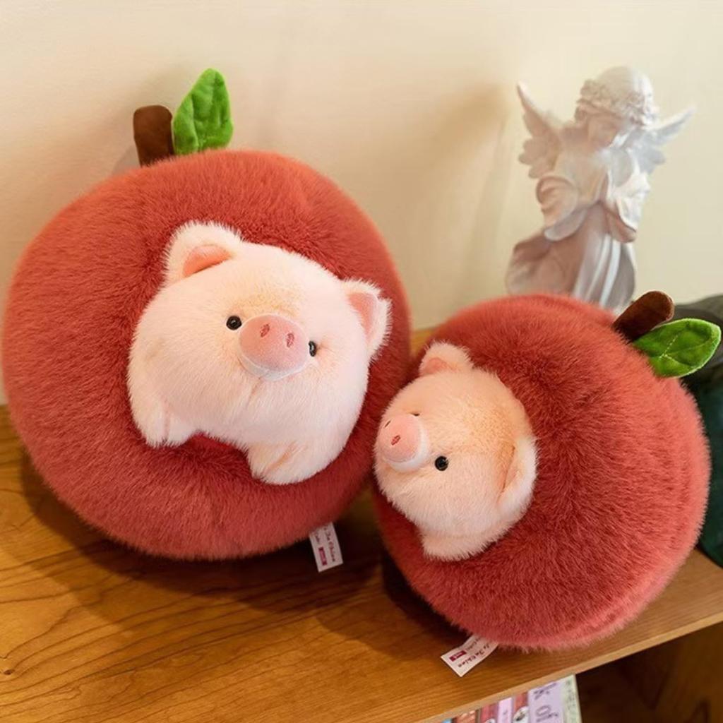 Süßes Schwein Plüschtier mit Apfel - Klein, Beruhigendes Tier, Geschenk zum Geburtstag, Spielzeug, Tierpuppe, Weiches Polyester, Schlafzimmerdekoration, Weihnachten,