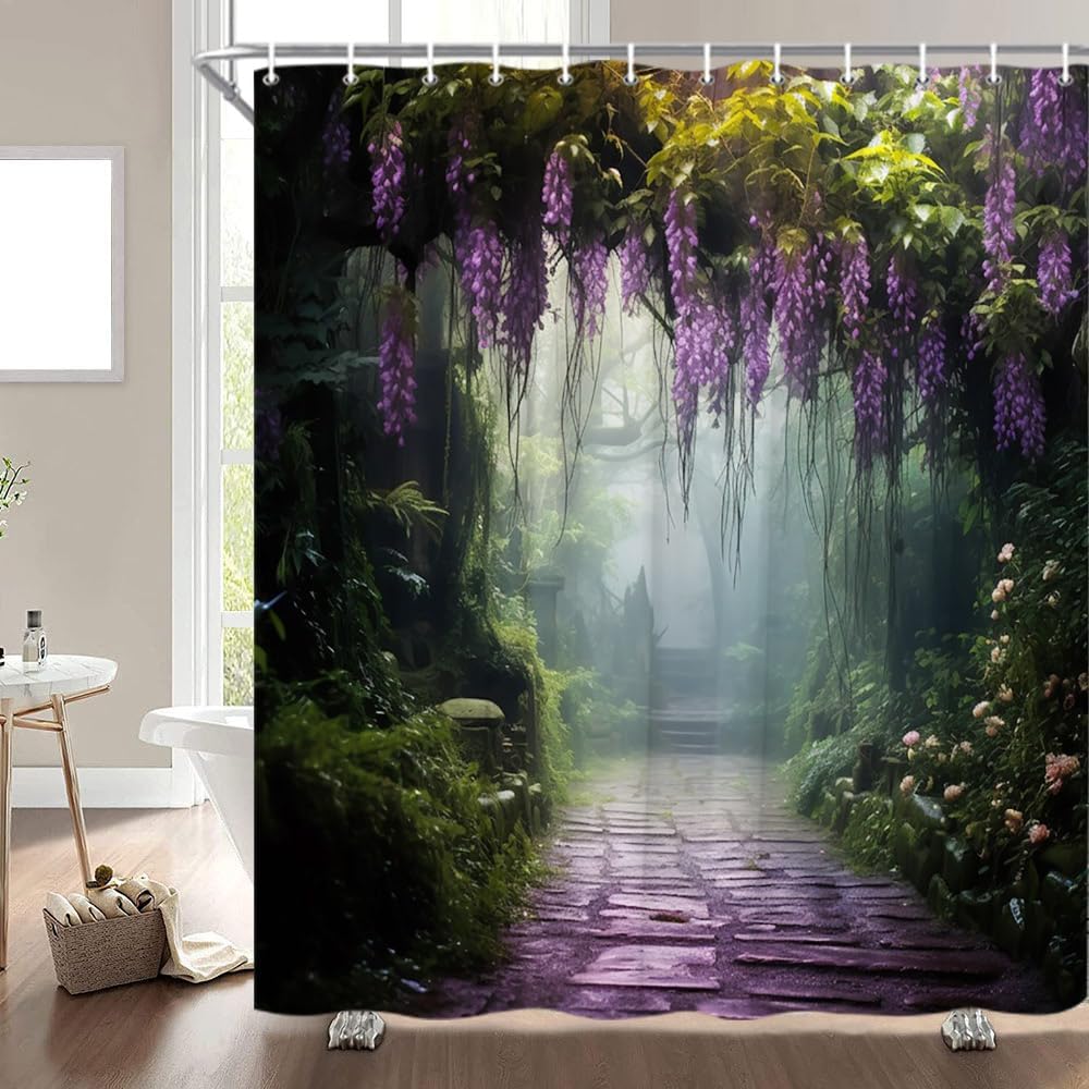 Misty Forest Shower Curtain Purple Floral Foggy Jungle Fantasy Spring Garden Green Plants Nature Landscape Bathroom Decor Curtains Polyester with