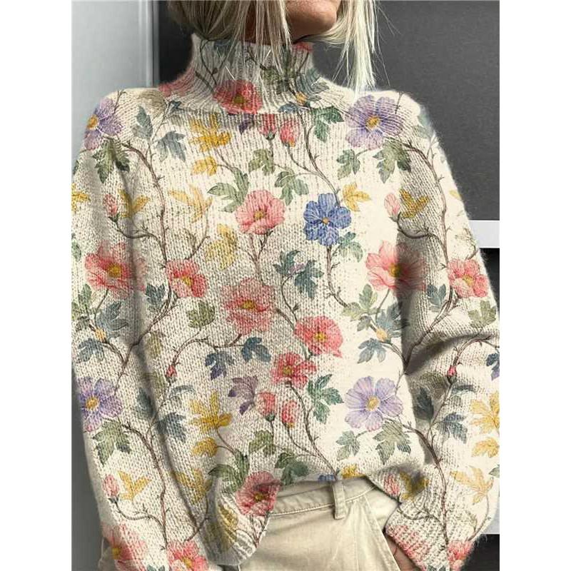 Womens Christmas Print High Neck Sweater Loose Fit Casual Long Sleeve Top