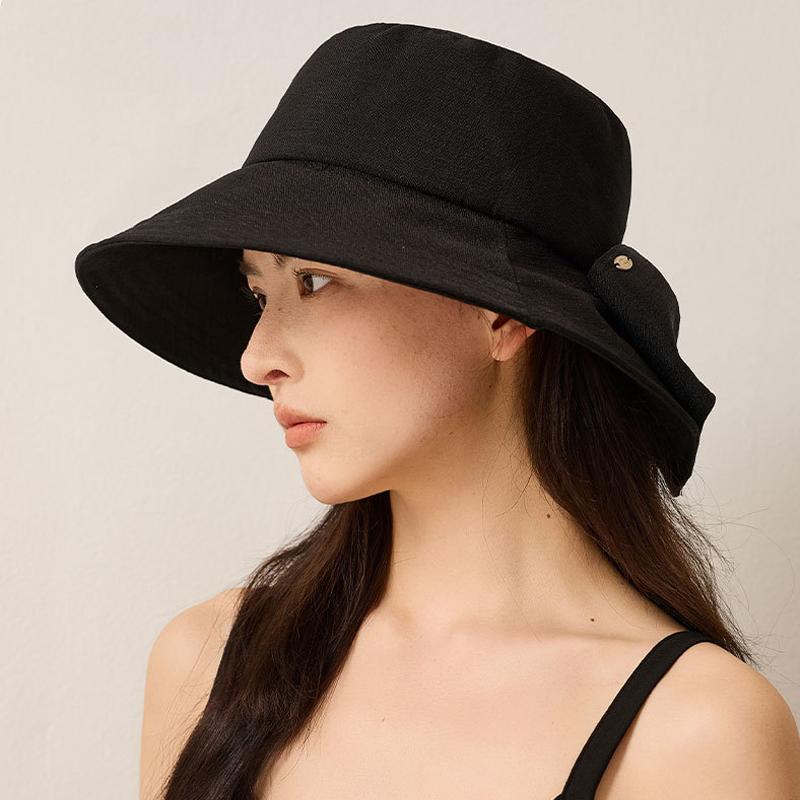 Cotton and Linen Sunscreen Hat Women's Rear Split Bow Fisherman Hat Solid Color Sunshade Hat