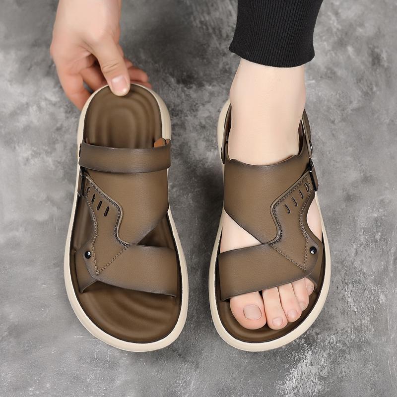 Fashion Brand Fashion Outdoor Breathable Anti Slip Beach Shoes Summer New Men's Head Layer Leather Comfortable Soft Bottom Casual Sandal