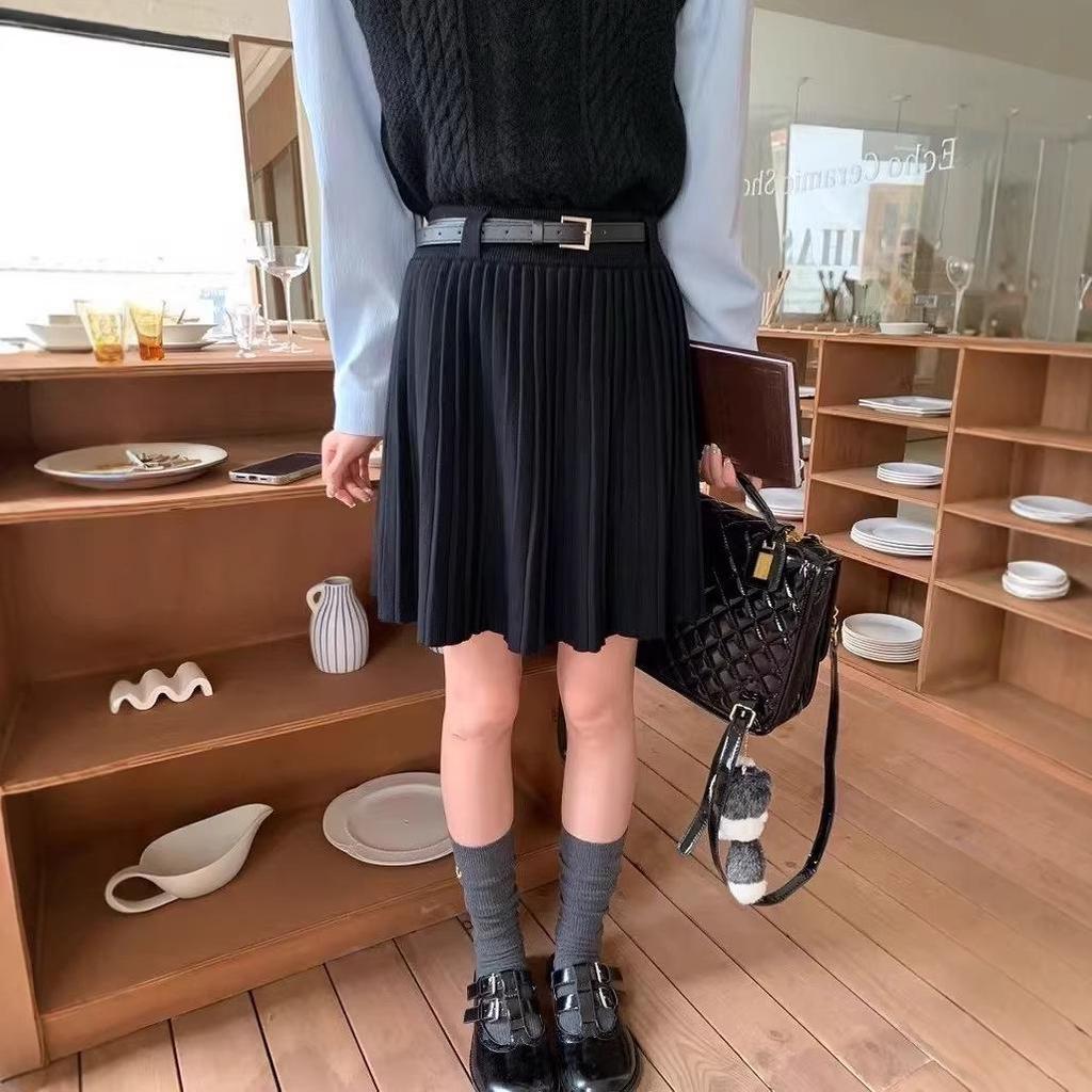 Highly Recommended: High-Waisted Soft Knit A-Line Pleated Skirt for Women - Autumn/Winter Korean Style, Solid Color, Five-Point Length