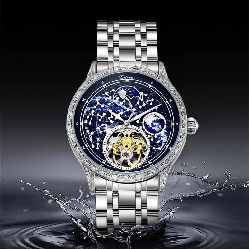 Men's Mechanical Automatic Business Wristwatch Tourbillon Hollow Fashion New Sport Waterproof Luminous Moon Phase Clock