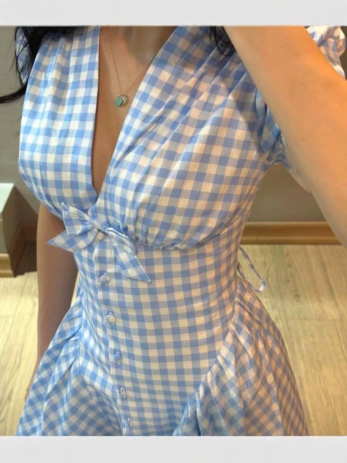 Summer European and American sweet temperament lace trimmed waist skirt V-neck plaid dress S синий