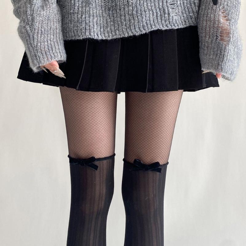 Women Contrast Sheer Mesh Splicing Pantyhose Fake Thigh High Stockings Elegant Ruffle Trim Bowknot Silk Tights Leggings