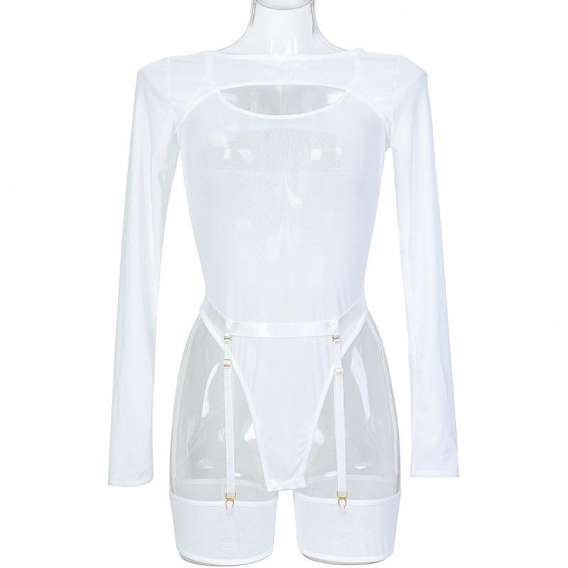 European and American Mesh Color Block Outerwear & Long Sleeve Camisole Bodysuit Lingerie Set for Women