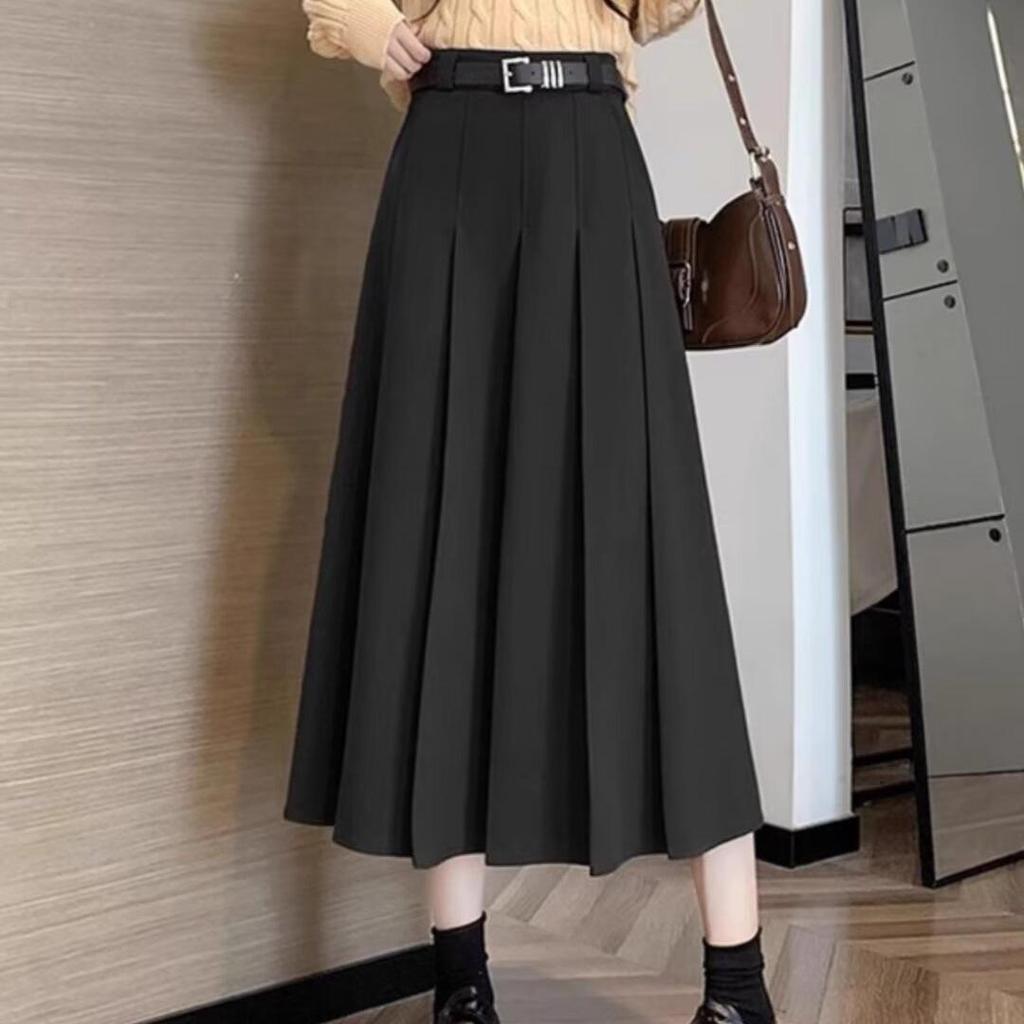 Women's Plus Size Academic Style Pleated Woolen Skirt - High Waist Slimming, Anti-Exposure Design