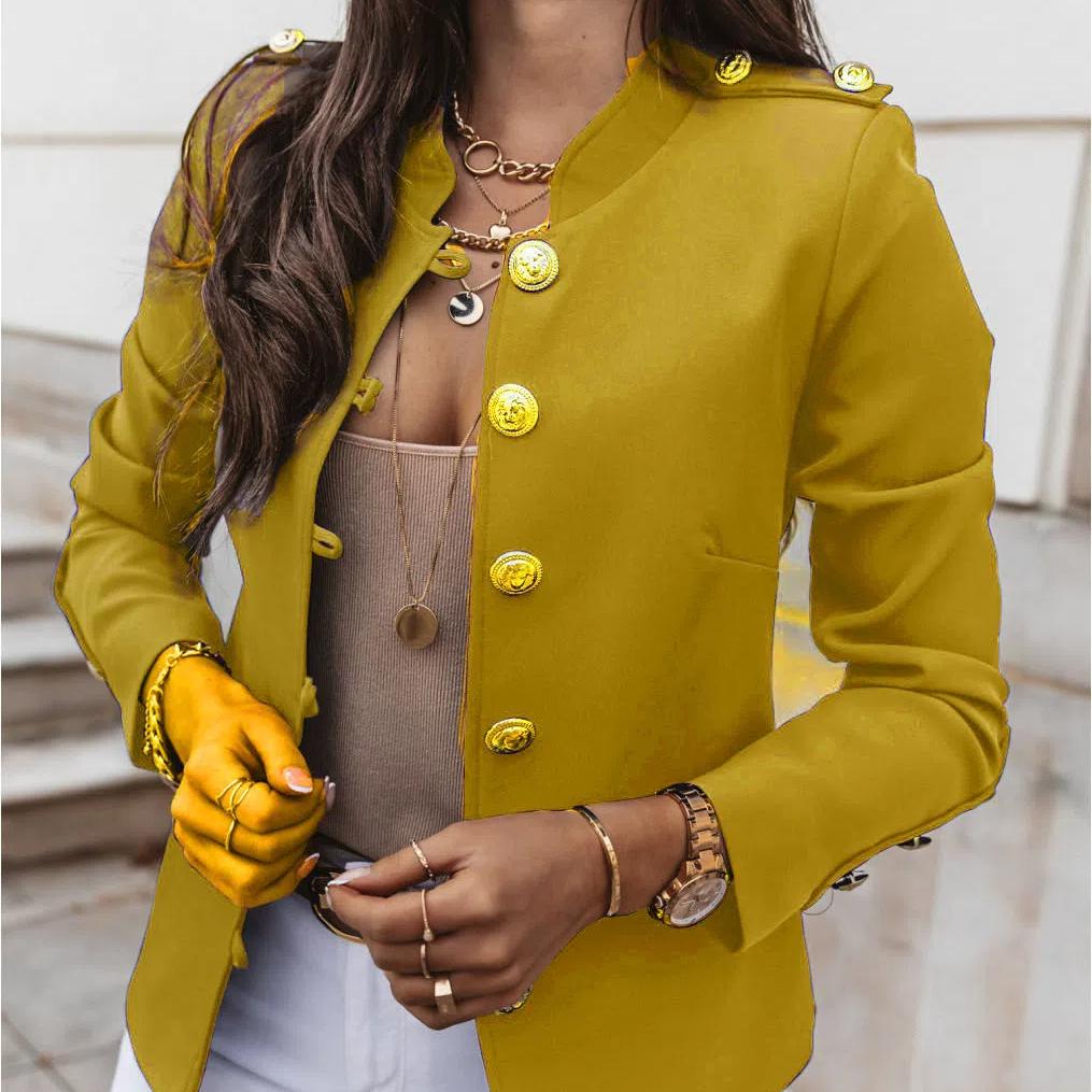 Blazer ajusté à manches longues pour femme, veste boutonnée élégante, manteau court stylé avec boutons décoratifs
