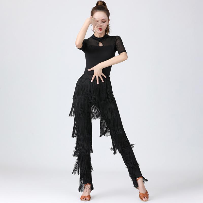 Women's Dancewear Elastic Waistband Tassel Latin Dance Pants Tango Cha-Cha Performance Costume Tiered Fringed Trousers