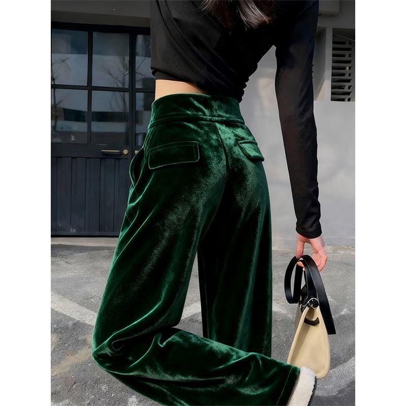 Dark Green Velvet High Waist Wide Leg Women s Pants - Autumn/Winter 2025, Korean Style, Loose Fit S