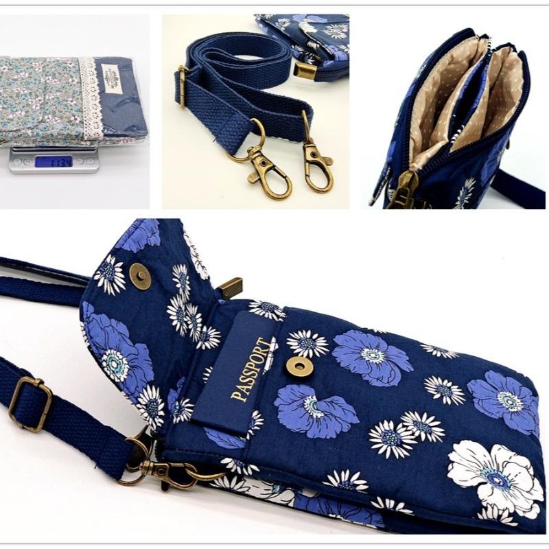 Japanese Floral Canvas Phone Crossbody Bag Women Multi Pocket Shoulder Bag Travel Passport Wallet Cell Phone Purse with Adjustable Strap
