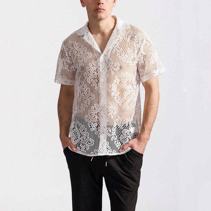Men's Lace Short Sleeve Shirt Summer Casual Breathable Tops Fashionable Hundred Men's Tops
