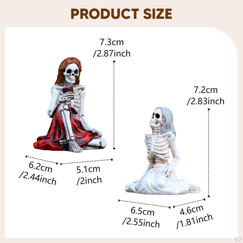 2Pcs Skeleton Figurines Desktop Ornaments Halloween Decor Art Crafts Small Sculptures for Table