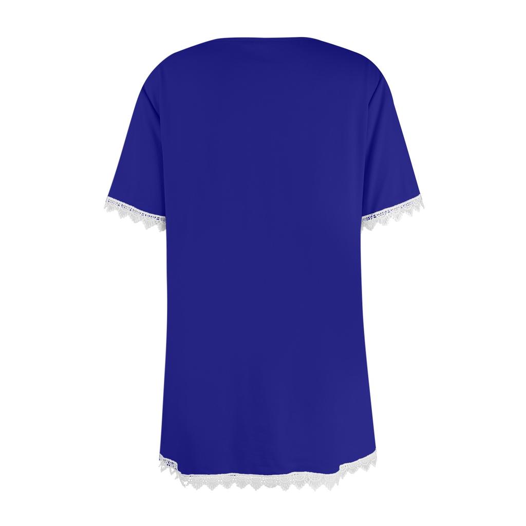 Women's Color Patchwork New Lace Round Neck Short Sleeved Top With A Base